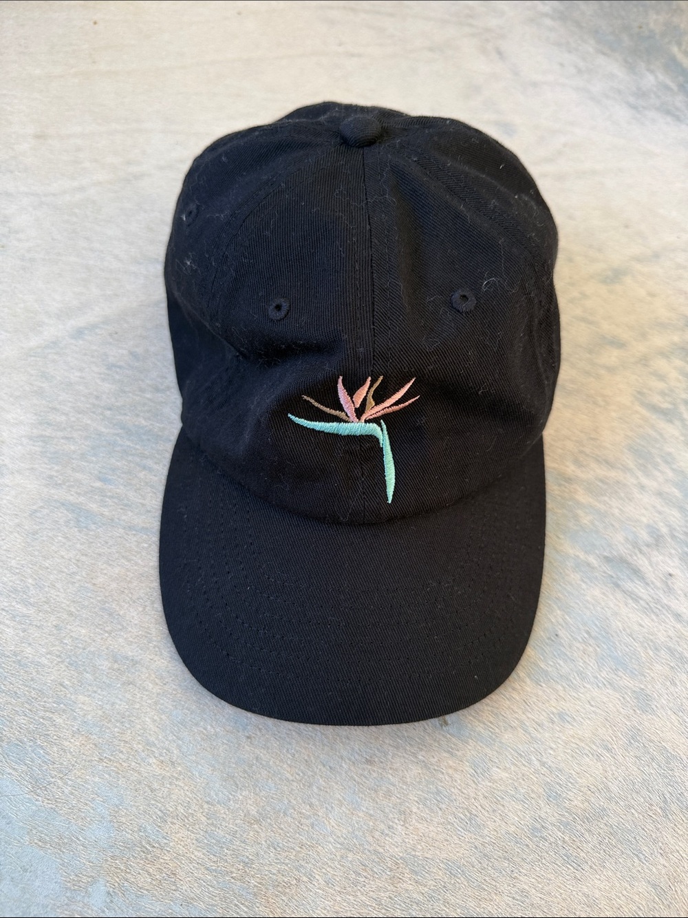 Black Baseball Cap with Embroidered Tropical Bird of Paradise Flower